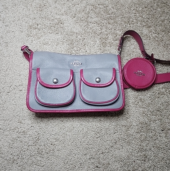 Coach Pennie Crossbody With Coin Case Pebble Leather Pink Gray C5674 - Picture 3 of 9